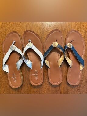 Women's Flip Flops with Metallic Medallion- White/Silver pair and Navy/Gold pair